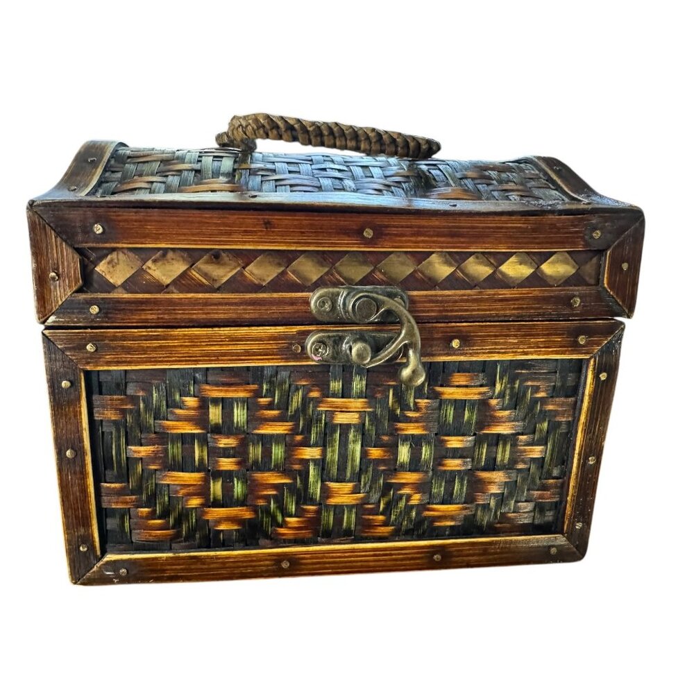 Wooden & Woven Storage Chest Basket With Hinged Lid & Brass Accents